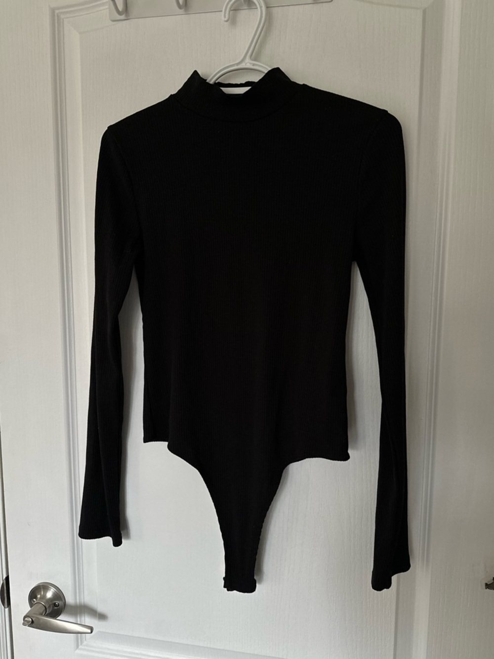 🔥 2/$20 Black Ribbed Long-Sleeve Mock Neck Thong Stretch Bodysuit Basic Chic